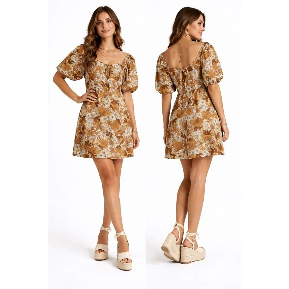 J. Crew Women's Sheath Floral Dress 4 Brown Orange Puff Sleeves Boho Cottagecore